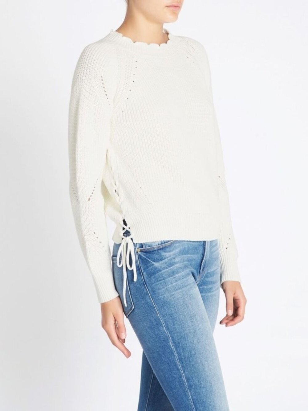 Joie Adanya Cotton‎ Lace Up Scalloped Knit Sweater in Porcelain - Sz L - New